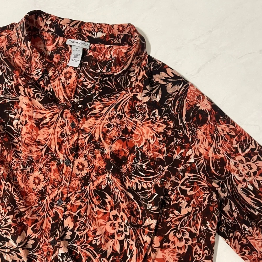 Catherine’s‎ Burgundy Red Pink Floral Print Shirt Size 2X